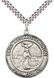 [7444RDSS/24S] Sterling Silver Saint Medard of Noyon Pendant on a 24 inch Light Rhodium Heavy Curb chain