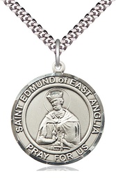 [7445RDSS/24S] Sterling Silver Saint Edmund of East Anglia Pendant on a 24 inch Light Rhodium Heavy Curb chain