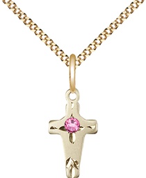 [2527GF-STN10/18G] 14kt Gold Filled Cross Pendant with a 3mm Rose Swarovski stone on a 18 inch Gold Plate Light Curb chain