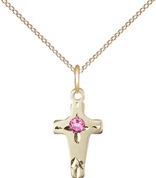 [2527GF-STN10/18GF] 14kt Gold Filled Cross Pendant with a 3mm Rose Swarovski stone on a 18 inch Gold Filled Light Curb chain
