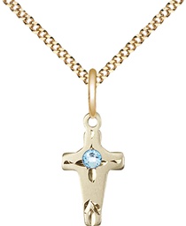 [2527GF-STN3/18G] 14kt Gold Filled Cross Pendant with a 3mm Aqua Swarovski stone on a 18 inch Gold Plate Light Curb chain