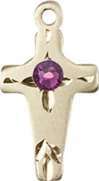 [2527KT-STN2] 14kt Gold Cross Medal with a 3mm Amethyst Swarovski stone