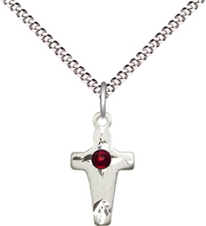 [2527SS-STN1/18S] Sterling Silver Cross Pendant with a 3mm Garnet Swarovski stone on a 18 inch Light Rhodium Light Curb chain