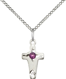 [2527SS-STN2/18SS] Sterling Silver Cross Pendant with a 3mm Amethyst Swarovski stone on a 18 inch Sterling Silver Light Curb chain