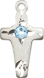 [2527SS-STN3] Sterling Silver Cross Medal with a 3mm Aqua Swarovski stone