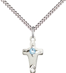 [2527SS-STN3/18S] Sterling Silver Cross Pendant with a 3mm Aqua Swarovski stone on a 18 inch Light Rhodium Light Curb chain