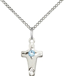 [2527SS-STN3/18SS] Sterling Silver Cross Pendant with a 3mm Aqua Swarovski stone on a 18 inch Sterling Silver Light Curb chain