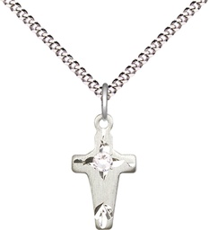 [2527SS-STN4/18S] Sterling Silver Cross Pendant with a 3mm Crystal Swarovski stone on a 18 inch Light Rhodium Light Curb chain
