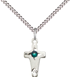 [2527SS-STN5/18S] Sterling Silver Cross Pendant with a 3mm Emerald Swarovski stone on a 18 inch Light Rhodium Light Curb chain