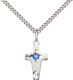 [2527SS-STN9/18S] Sterling Silver Cross Pendant with a 3mm Sapphire Swarovski stone on a 18 inch Light Rhodium Light Curb chain