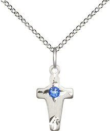 [2527SS-STN9/18SS] Sterling Silver Cross Pendant with a 3mm Sapphire Swarovski stone on a 18 inch Sterling Silver Light Curb chain