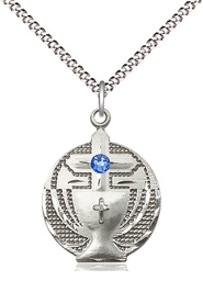 [2530SS-STN9/18S] Sterling Silver Communion Pendant with a 3mm Sapphire Swarovski stone on a 18 inch Light Rhodium Light Curb chain
