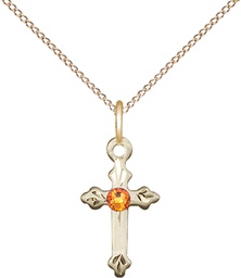 [2531GF-STN11/18GF] 14kt Gold Filled Cross Pendant with a 3mm Topaz Swarovski stone on a 18 inch Gold Filled Light Curb chain