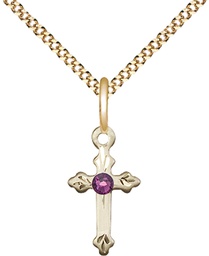 [2531GF-STN2/18G] 14kt Gold Filled Cross Pendant with a 3mm Amethyst Swarovski stone on a 18 inch Gold Plate Light Curb chain