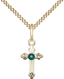 [2531GF-STN5/18G] 14kt Gold Filled Cross Pendant with a 3mm Emerald Swarovski stone on a 18 inch Gold Plate Light Curb chain