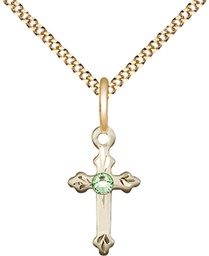 [2531GF-STN8/18G] 14kt Gold Filled Cross Pendant with a 3mm Peridot Swarovski stone on a 18 inch Gold Plate Light Curb chain