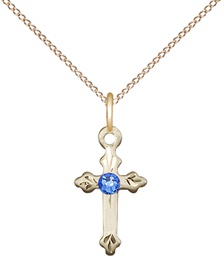 [2531GF-STN9/18GF] 14kt Gold Filled Cross Pendant with a 3mm Sapphire Swarovski stone on a 18 inch Gold Filled Light Curb chain