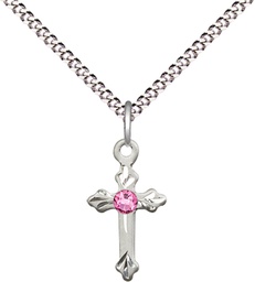 [2531SS-STN10/18S] Sterling Silver Cross Pendant with a 3mm Rose Swarovski stone on a 18 inch Light Rhodium Light Curb chain