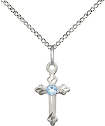 [2531SS-STN3/18SS] Sterling Silver Cross Pendant with a 3mm Aqua Swarovski stone on a 18 inch Sterling Silver Light Curb chain