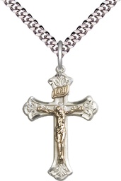 [2622GF/SS/24S] Two-Tone GF/SS Crucifix Pendant on a 24 inch Light Rhodium Heavy Curb chain