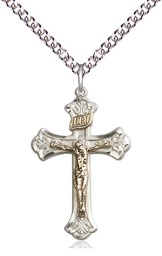 [2622GF/SS/24SS] Two-Tone GF/SS Crucifix Pendant on a 24 inch Sterling Silver Heavy Curb chain