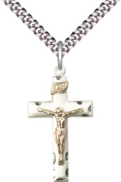 [2624GF/SS/24S] Two-Tone GF/SS Crucifix Pendant on a 24 inch Light Rhodium Heavy Curb chain
