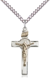 [2625GF/SS/24SS] Two-Tone GF/SS Saint Benedict Crucifix Pendant on a 24 inch Sterling Silver Heavy Curb chain