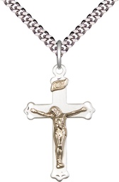 [2651GF/SS/24S] Two-Tone GF/SS Crucifix Pendant on a 24 inch Light Rhodium Heavy Curb chain