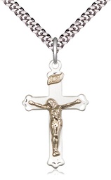 [2651GF/SS/24S] Two-Tone GF/SS Crucifix Pendant on a 24 inch Light Rhodium Heavy Curb chain