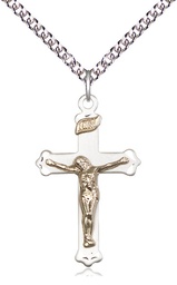 [2651GF/SS/24SS] Two-Tone GF/SS Crucifix Pendant on a 24 inch Sterling Silver Heavy Curb chain