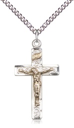 [2652GF/SS/24SS] Two-Tone GF/SS Crucifix Pendant on a 24 inch Sterling Silver Heavy Curb chain