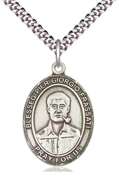 [7278SS/24S] Sterling Silver Blessed Pier Giorgio Frassati Pendant on a 24 inch Light Rhodium Heavy Curb chain