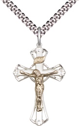 [2659GF/SS/24S] Two-Tone GF/SS Crucifix Pendant on a 24 inch Light Rhodium Heavy Curb chain