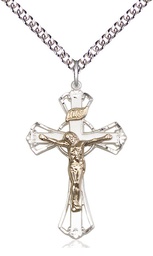 [2659GF/SS/24SS] Two-Tone GF/SS Crucifix Pendant on a 24 inch Sterling Silver Heavy Curb chain