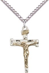 [2673GF/SS/24SS] Two-Tone GF/SS Nail Crucifix Pendant on a 24 inch Sterling Silver Heavy Curb chain