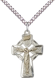 [2684GF/SS/24SS] Two-Tone GF/SS Celtic Crucifix Pendant on a 24 inch Sterling Silver Heavy Curb chain