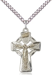 [2684GF/SS/24SS] Two-Tone GF/SS Celtic Crucifix Pendant on a 24 inch Sterling Silver Heavy Curb chain