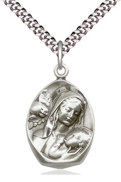 [3001SS/24S] Sterling Silver Madonna &amp; Child Pendant on a 24 inch Light Rhodium Heavy Curb chain