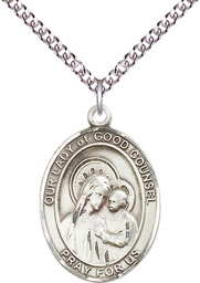 [7287SS/24SS] Sterling Silver Our Lady of Good Counsel Pendant on a 24 inch Sterling Silver Heavy Curb chain