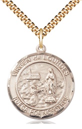 [7288RDSPGF/24GF] 14kt Gold Filled Virgen de Lourdes Pendant on a 24 inch Gold Filled Heavy Curb chain