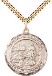 [7288RDSPGF/24GF] 14kt Gold Filled Virgen de Lourdes Pendant on a 24 inch Gold Filled Heavy Curb chain