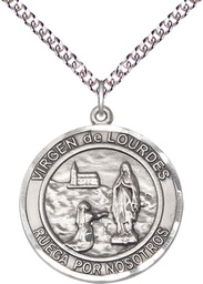 [7288RDSPSS/24SS] Sterling Silver Virgen de Lourdes Pendant on a 24 inch Sterling Silver Heavy Curb chain