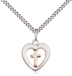 [3147GF/SS/18S] Two-Tone GF/SS Heart Cross Pendant on a 18 inch Light Rhodium Light Curb chain