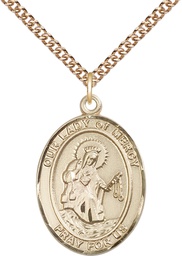 [7289GF/24GF] 14kt Gold Filled Our Lady of Mercy Pendant on a 24 inch Gold Filled Heavy Curb chain