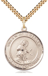 [7289RDSPGF/24GF] 14kt Gold Filled Virgen de la Merce Pendant on a 24 inch Gold Filled Heavy Curb chain