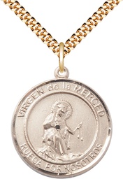 [7289RDSPGF/24GF] 14kt Gold Filled Virgen de la Merce Pendant on a 24 inch Gold Filled Heavy Curb chain