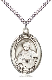 [7305SS/24SS] Sterling Silver Saint Pius X Pendant on a 24 inch Sterling Silver Heavy Curb chain