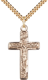 [0674GF/24G] 14kt Gold Filled Crucifix Pendant on a 24 inch Gold Plate Heavy Curb chain