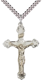[2656GF/SS/24S] Two-Tone GF/SS Crucifix Pendant on a 24 inch Light Rhodium Heavy Curb chain