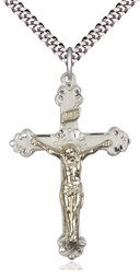[2656GF/SS/24S] Two-Tone GF/SS Crucifix Pendant on a 24 inch Light Rhodium Heavy Curb chain